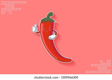 SMILING, HAPPY, RELIEVED, SMILE Face Emotion. Thumb Up Hand Gesture. Chili Vegetable Cartoon Drawing Mascot Illustration.