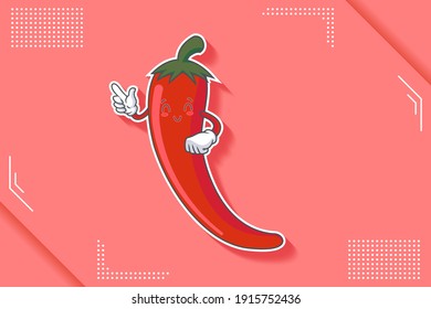 SONRIENDO, FELIZ, ALIVIADO, SONRIENDO Emoción facial. Gesto de la pistola de dedo índice. Caricatura de personaje de chile que dibuja ilustraciones de mascota.