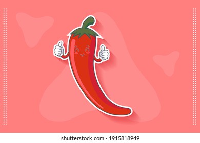 SMILING, HAPPY, RELIEVED, SMILE Face Emotion. Double Thumb Up Hand Gesture. Chili Vegetable Cartoon Drawing Mascot Illustration.