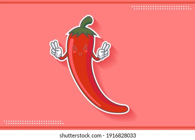 SMILING, HAPPY, RELIEVED, SMILE Face Emotion. Double Peace Finger Hand Gesture. Chili Vegetable Cartoon Drawing Mascot Illustration.