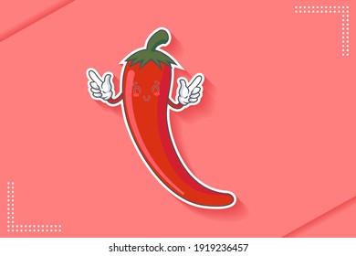 SMILING, HAPPY, RELIEVED, SMILE Face Emotion. Double Forefinger Handgun Gesture. Chili Vegetable Character Cartoon Drawing Mascot Illustration.