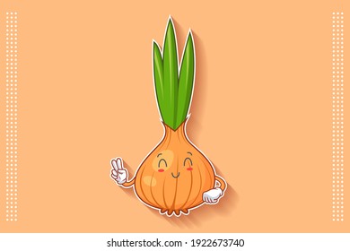 SONRIENDO, FELIZ, ALIVIADO, SONRIENDO Emoción facial. Gesto de la Mano del Dedo de la Paz. Cebolla, Caricatura De Caricatura Vegetable De Ajo Dibujando Ilustración De Mascota.