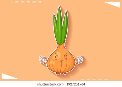 GLÜCK, GLÜCKLICH, ZUFRIEDEN, KLEINE Gesichtsbewegung. Double Handgun Finger Gesture. Zwiebeln, Knoblauch Gemüsegarantie Cartoon Zeichnung Maskottabbild.