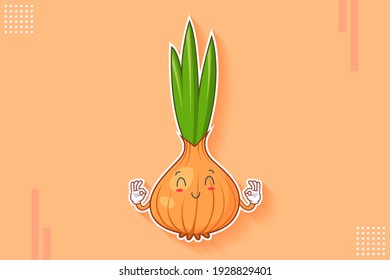 SMILING, HAPPY, RELIEVED, SMILE Face Emotion. Double Nice Finger Hand Gesture. White Onion, Garlic Vegetable Character Cartoon Drawing Mascot Illustration.