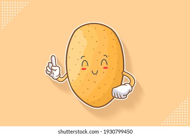SMILING, HAPPY, RELIEVED, SMILE Face Emotion. ForeFinger Hand Gesture. Potato Vegetable Character Cartoon Drawing Mascot Illustration.