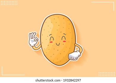 GLÜCK, GLÜCKLICH, ZUFRIEDEN, KLEINE Gesichtsbewegung. Schöne Hand Gesture. Kartoffelpflanzenzeichen Cartoon Zeichnung Maskottabilustration.
