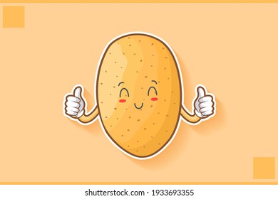 SMILING, HAPPY, RELIEVED, SMILE Face Emotion. Double Thumb Up Gesture. Potato Vegetable Character Cartoon Drawing Mascot Illustration.