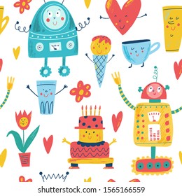 Smiling happy robots cartoon flat style. Seamless vector pattern toy robot, cake, heart, flower, cup, ice cream. Kids background. Character for boys. Children transformer, android. Birthday party
