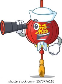 Smiling happy Sailor with binocular asian lantern cartoon design