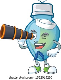 Smiling happy Sailor with binocular blue christmas bulb cartoon design