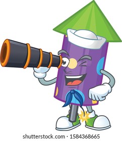 Smiling happy Sailor with binocular dot fireworks rocket cartoon design