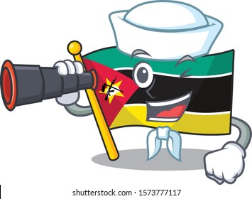 Smiling happy Sailor with binocular flag mozambique cartoon design
