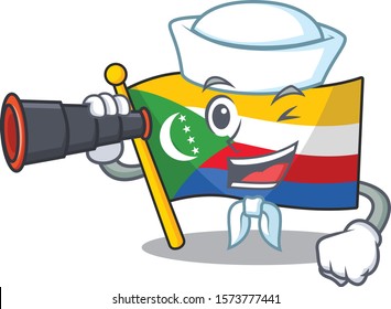 Smiling happy Sailor with binocular flag comoros cartoon design