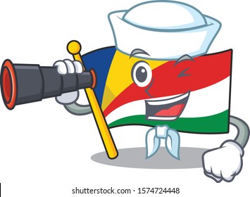 Smiling happy Sailor with binocular flag seychelles cartoon design