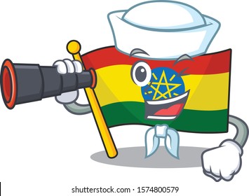 Smiling happy Sailor with binocular flag ethiopia cartoon design