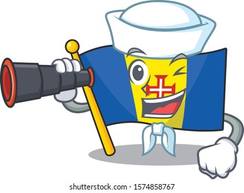 Smiling happy Sailor with binocular flag madeira cartoon design