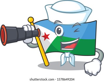 Smiling happy Sailor with binocular flag djibouti cartoon design