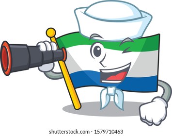Smiling happy Sailor with binocular flag sierra leone cartoon design