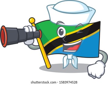 Smiling happy Sailor with binocular flag tanzania cartoon design