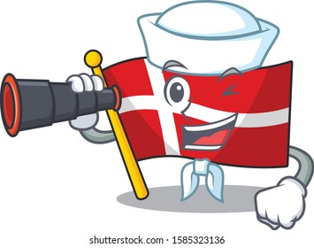 Smiling happy Sailor with binocular flag denmark cartoon design
