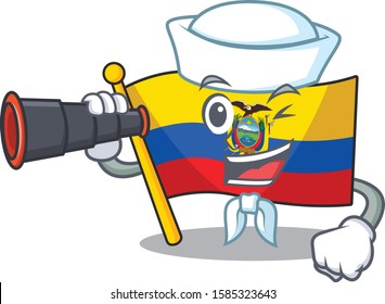 Smiling happy Sailor with binocular flag ecuador cartoon design