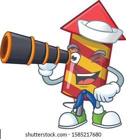 Smiling happy Sailor with binocular red stripes fireworks rocket cartoon design