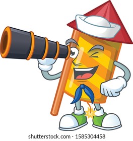 Smiling happy Sailor with binocular yellow stripes fireworks rocket cartoon design