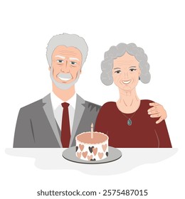 Smiling happy senior couple with a sweet cake and a lighting candle on it. Happy wedding anniversary or happy birthday concept. Elderly man and woman celebrating together. Vector isolated illustration