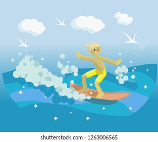 smiling happy serfer riding waves  in blue sea 