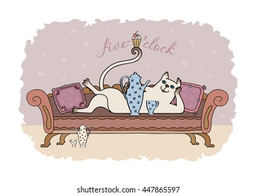 Smiling happy Siamese cat lying on vintage sofa with cushions and holds paw teapot. On the tail keeps cake with cherry. Color, vector, drawing, isolated on background.