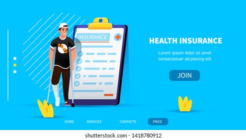 smiling happy skater man with broken leg and insurance form. Illustration concept for web page. site landing page