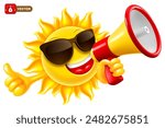 Smiling happy sun character holding megaphone in the hand, speaks into a speakerphone and showing ok gesture. Summer sale conceptual advertisement. Vector illustration