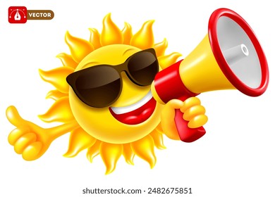 Smiling happy sun character holding megaphone in the hand, speaks into a speakerphone and showing ok gesture. Summer sale conceptual advertisement. Vector illustration