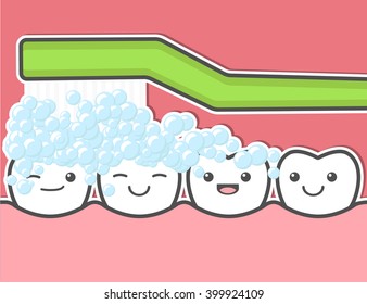 Smiling and happy teeth are brushing with toothbrush. Vector illustration
