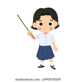 Smiling and Happy Thai Student Girl Cartoon Character Pointing Stick.