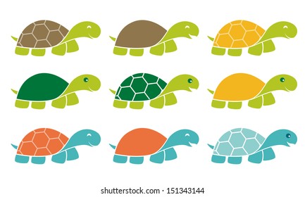 Smiling Happy Turtle Icon Logo Set in Cartoon Style