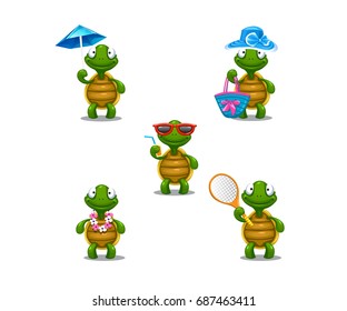 Smiling Happy Turtle Icon Logo Set in Cartoon Style. Turtle whith Hawaiian wreath, turtle in sunglass.Vector illustration isolated on white background. 
