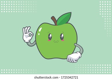SMILING, HAPPY, UWU Face Emotion. Ok, Nice, Good Hand Gesture. Green Apple Cartoon Mascot Illustration.