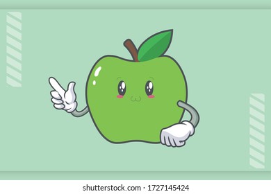 SMILING, HAPPY, UWU Face Emotion. Forefinger Hand Gesture. Green Apple Cartoon Mascot Illustration