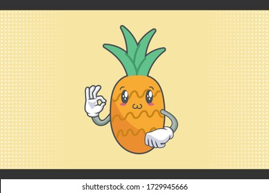 SMILING, HAPPY, UWU Face Emotion. Nice Hand Gesture. Pineapple Fruit Cartoon Drawn Mascot Illustration.