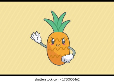SMILING, HAPPY, UWU Face Emotion. Waving Hand Gesture. Pineapple Fruit Cartoon Drawn Mascot Illustration.