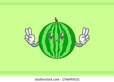 SMILING, HAPPY, UWU Face Emotion. Double Peace Hand Gesture. Watermelon Fruit Cartoon Drawing Mascot Illustration.