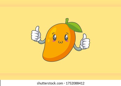 SMILING, HAPPY, UWU Face Emotion. Double Thumb Up Hand Gesture. Yellow Mango Fruit Cartoon Drawing Mascot Illustration.