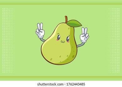 SMILING, HAPPY, UWU Face Emotion. Double Peace Hand Gesture. Green Pear Fruit Cartoon Drawing Mascot Illustration.