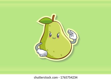 SMILING, HAPPY, UWU Face Emotion. Salute Hand Gesture. Green Pear Fruit Cartoon Drawing Mascot Illustration.