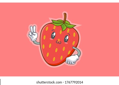 SMILING, HAPPY, UWU Face Emotion. Peace Hand Gesture. Red Strawberry Fruit Cartoon Drawing Mascot Illustration.
