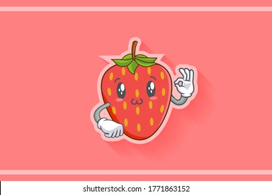 SMILING, HAPPY, UWU Face Emotion. Nice Hand Gesture. Red Strawberry Fruit Cartoon Drawing Mascot Illustration.