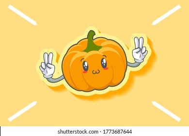 SMILING, HAPPY, UWU Face Emotion. Double Peace Hand Gesture. Yellow, Orange Pumpkin Fruit Cartoon Drawing Mascot Illustration.