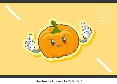 SMILING, HAPPY, UWU Face Emotion. Double Forefinger Hand Gesture. Yellow, Orange Pumpkin Fruit Cartoon Drawing Mascot Illustration.