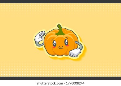 SMILING, HAPPY, UWU Face Emotion. Salute Hand Gesture. Yellow, Orange Pumpkin Fruit Cartoon Drawing Mascot Illustration.